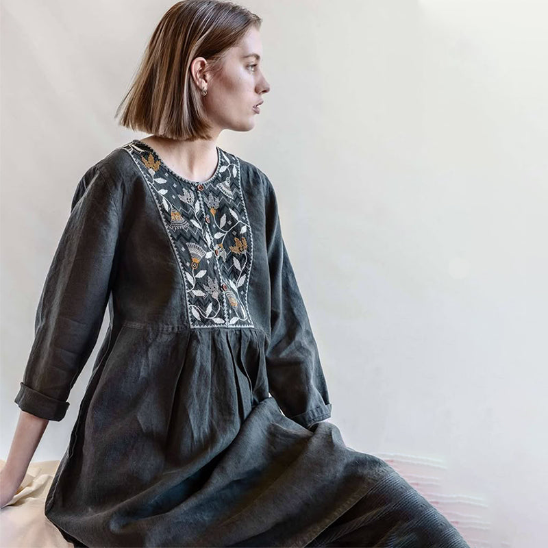Vintage Floral Embroidery Art Cotton Linen Comfy Midi Dress elevenforest