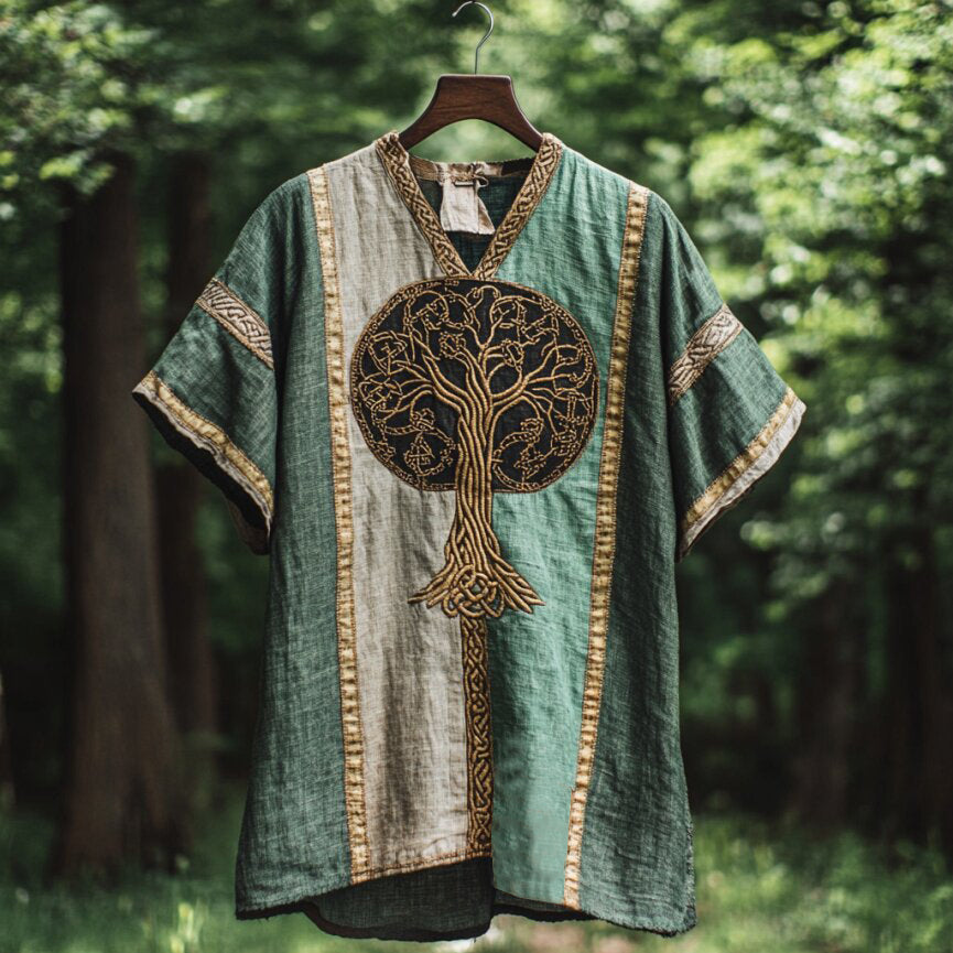 Men's Viking Celtic Knot Tree Of Life Art Patchwork Linen T Shirt elevenforest