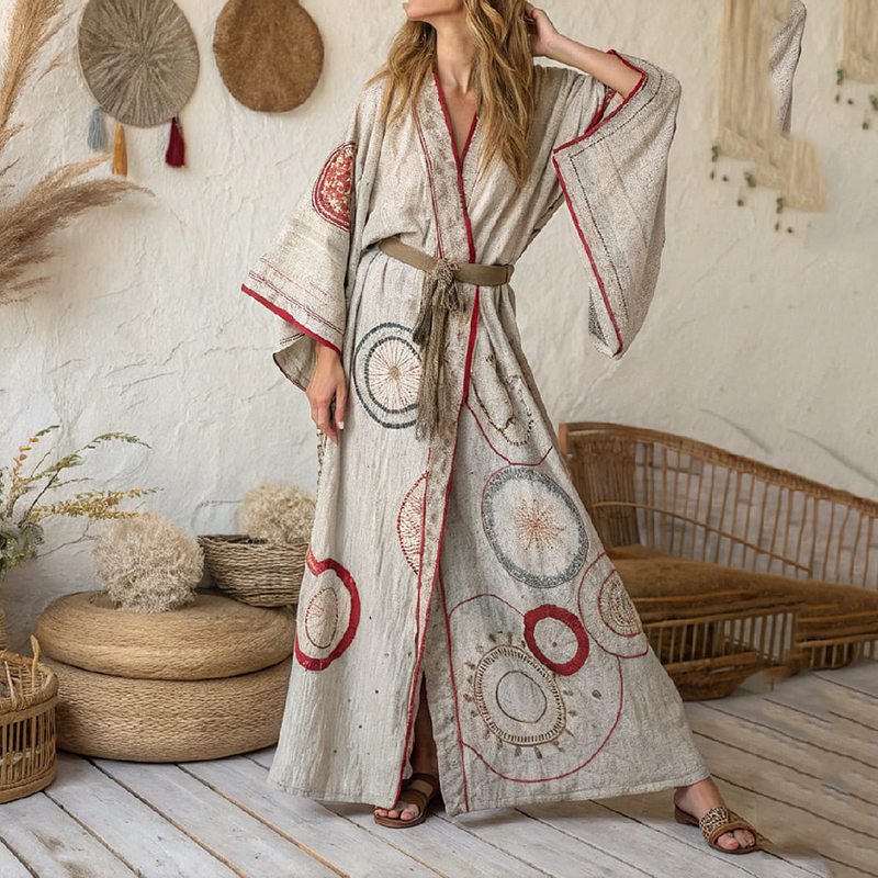Women's Vintage Art Linen V-neck Robe elevenforest