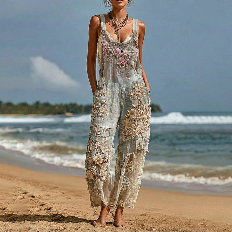 Boho Ethnic Lace Embroidered Pattern Floral Patchwork Linen Jumpsuit elevenforest
