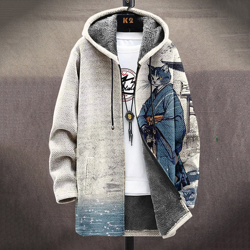 Men's Sea Wave Octopus Art Print Fleece Lined Hooded Trench Coat elevenforest
