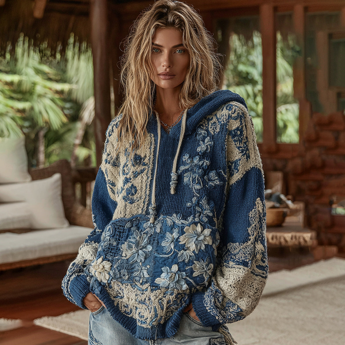 Vintage Bohemian Floral With Japanese Traditional Sashiko Patchwork Art Embroidery Inspired Hooded Sweater elevenforest