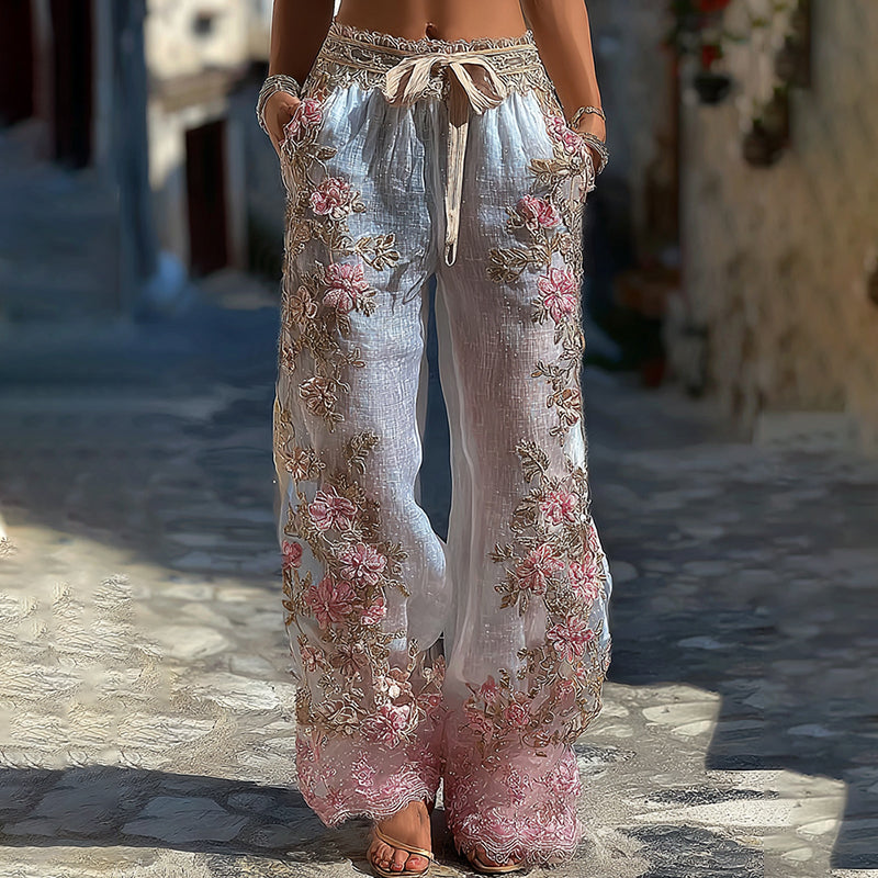 Women's Retro Floral Lace Gradient Art Pocket Linen Casual Pants elevenforest