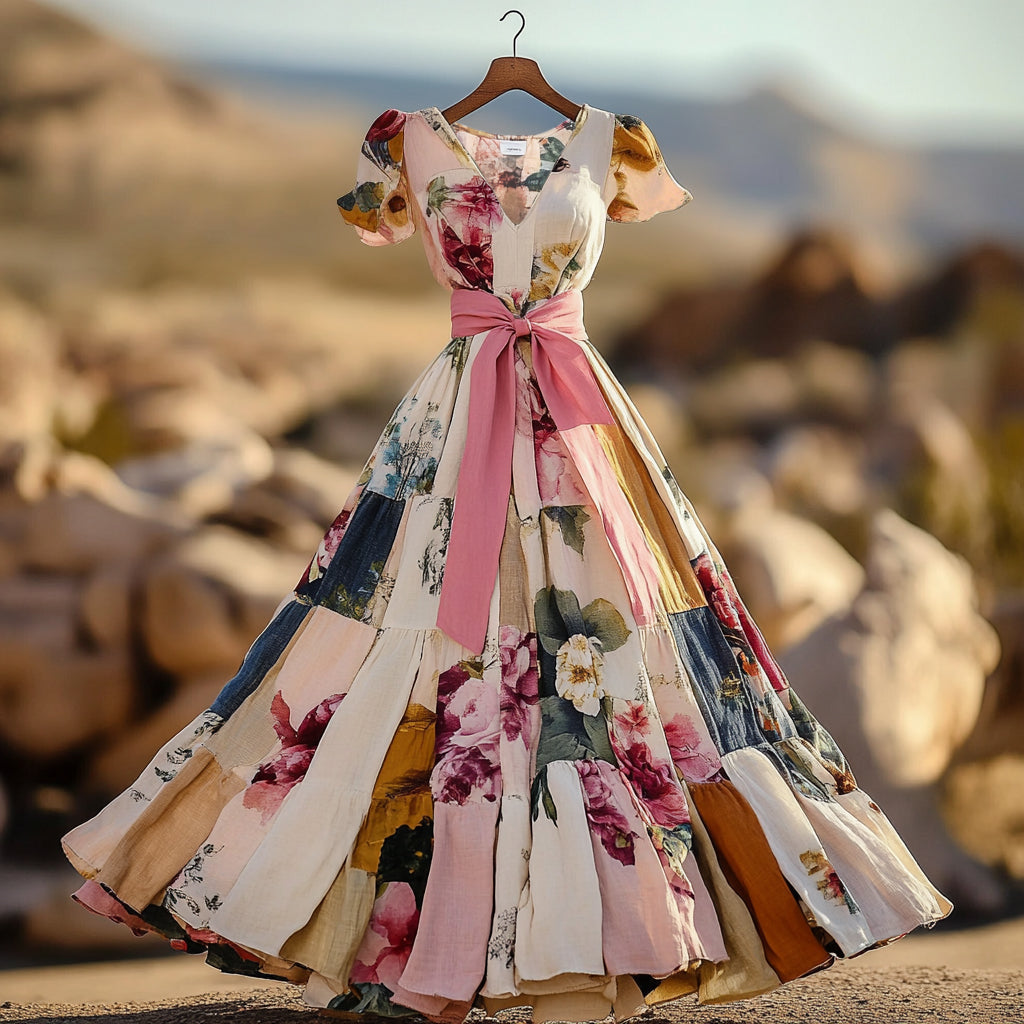 Vintage Floral Patchwork Art Pattern Art V-neck Midi Dress elevenforest
