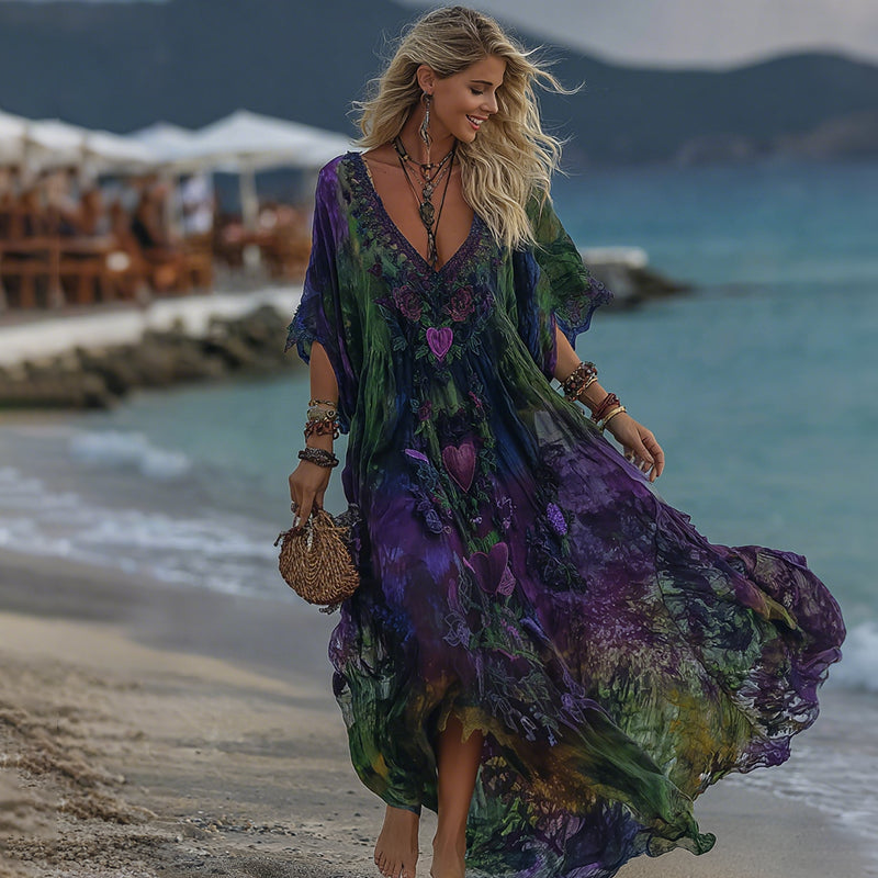 Women's Vintage Love Heart With Floral Embroidery Tie-dye Art V-neck Short Sleeve Kaftan elevenforest