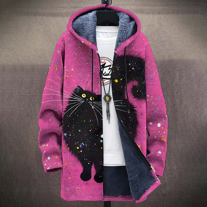 Black Cat Art Print Unisex Plush Thick Long Sleeved Sweater Cardigan Coat elevenforest