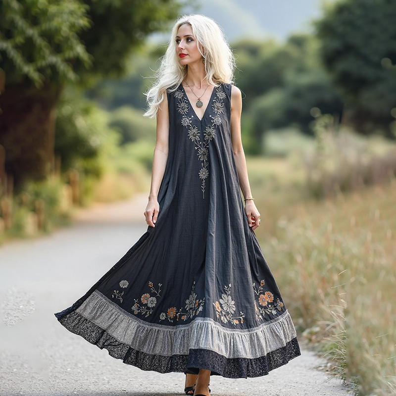 Retro Bohemian Floral Embroidery Art Sleeveless Cozy Linen Maxi Dress elevenforest