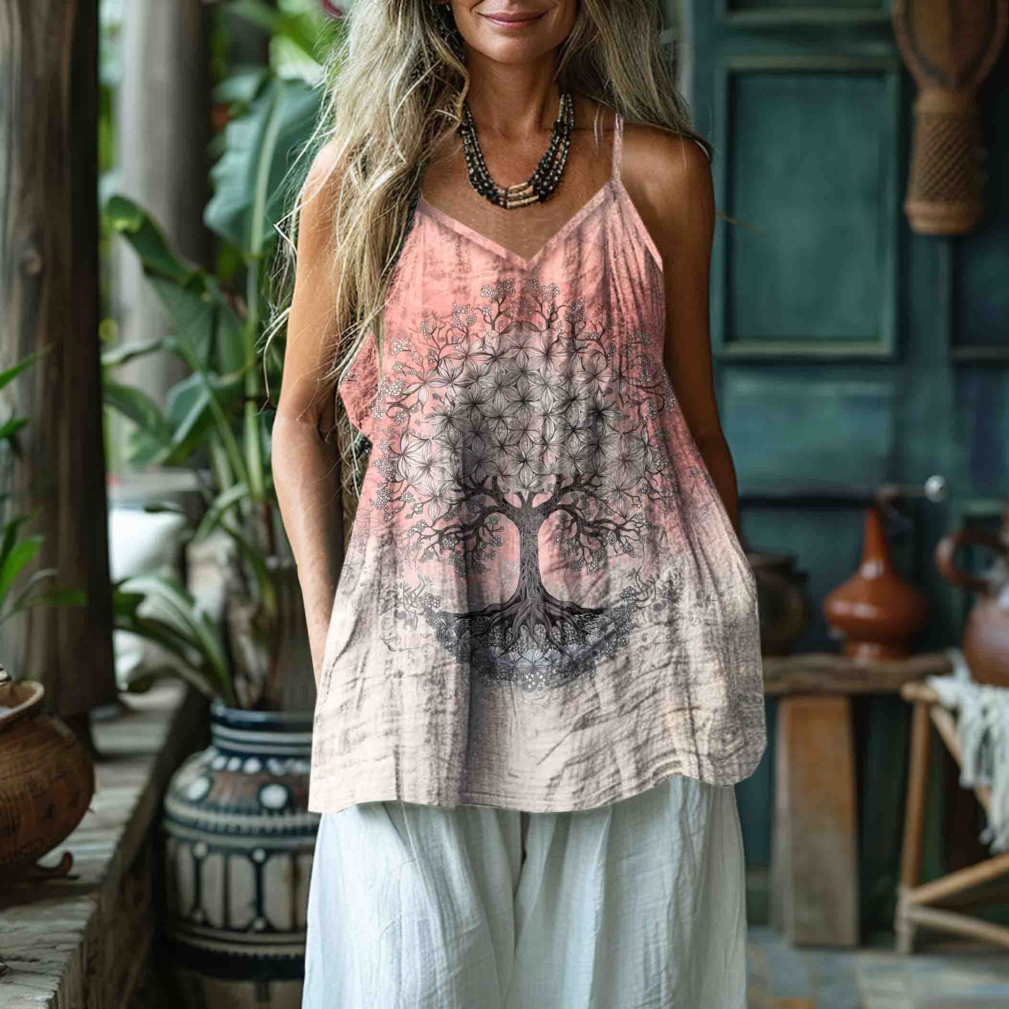 Women's Retro Viking Tree Of Life Art Gradient Style Linen Art Linen And Cotton Camisole elevenforest