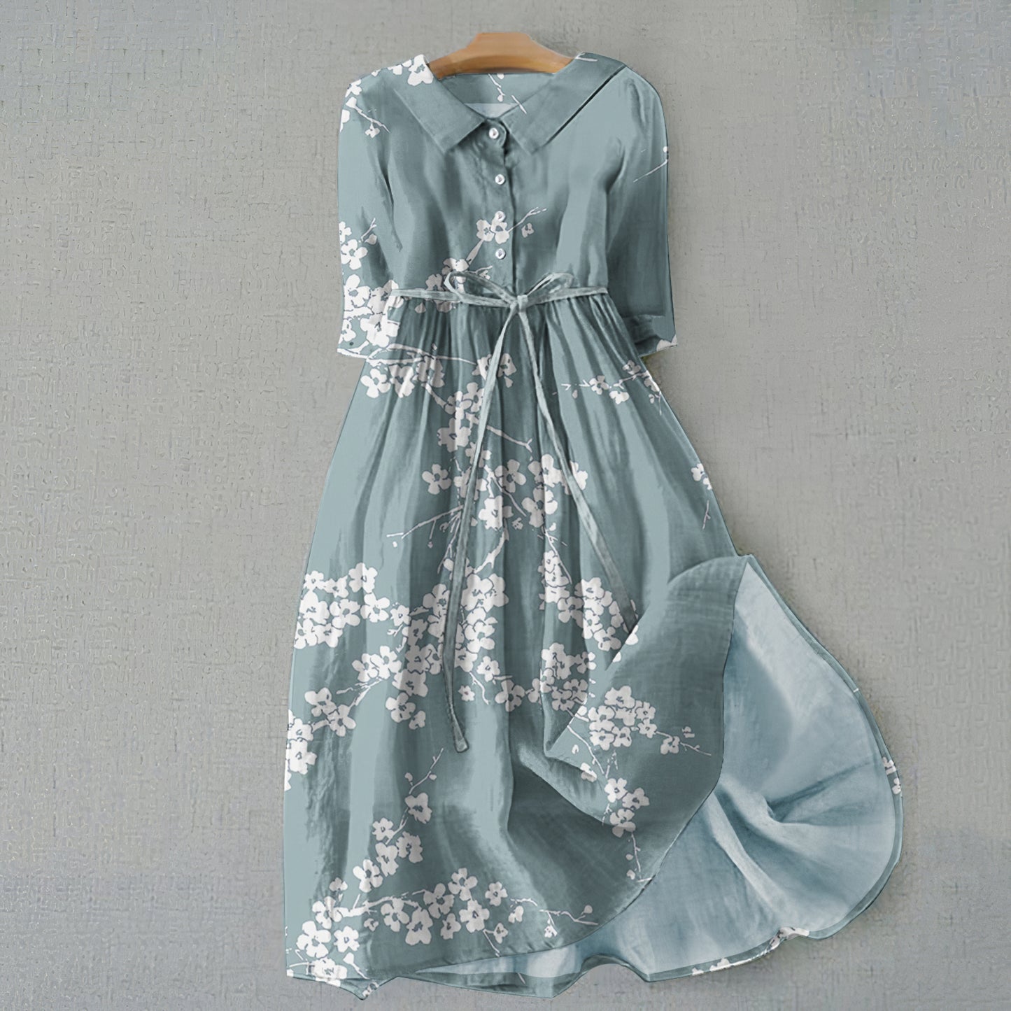 Vintage Cherry Blossom Print Lapel Lace-Up Loose Midi Dress elevenforest