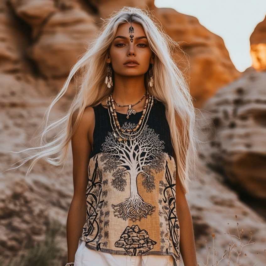 Women's Viking Tree Of Life Tribal With Celtic Knot Pattern Art Linen Sleeveless Top elevenforest