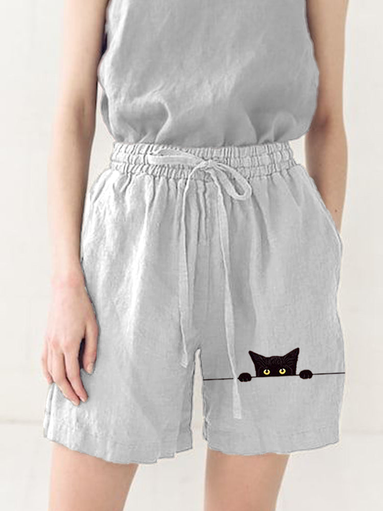 Women's Casual Funny Black Cat Print Short Pants elevenforest