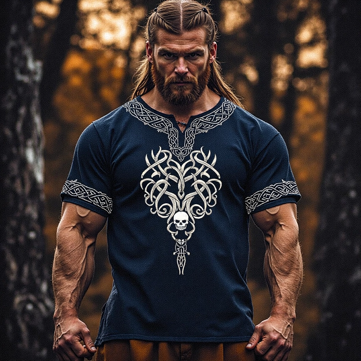 Men's Vintage Viking Skull Rune Print V-neck Shirt elevenforest