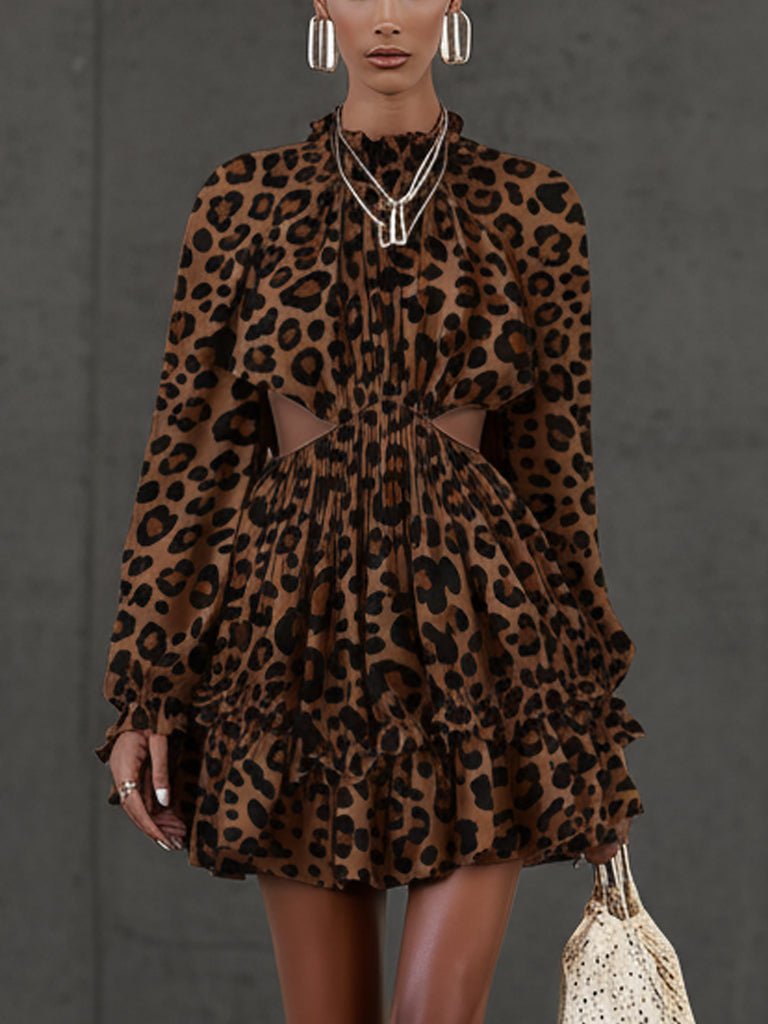Brown Leopard Suede Ruffle Cutout Long Sleeve Mini Dress