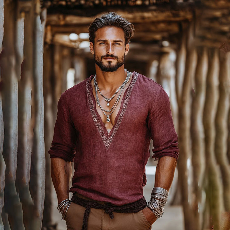 Men's Bohemian Embroidered Linen V-neck Shirt elevenforest