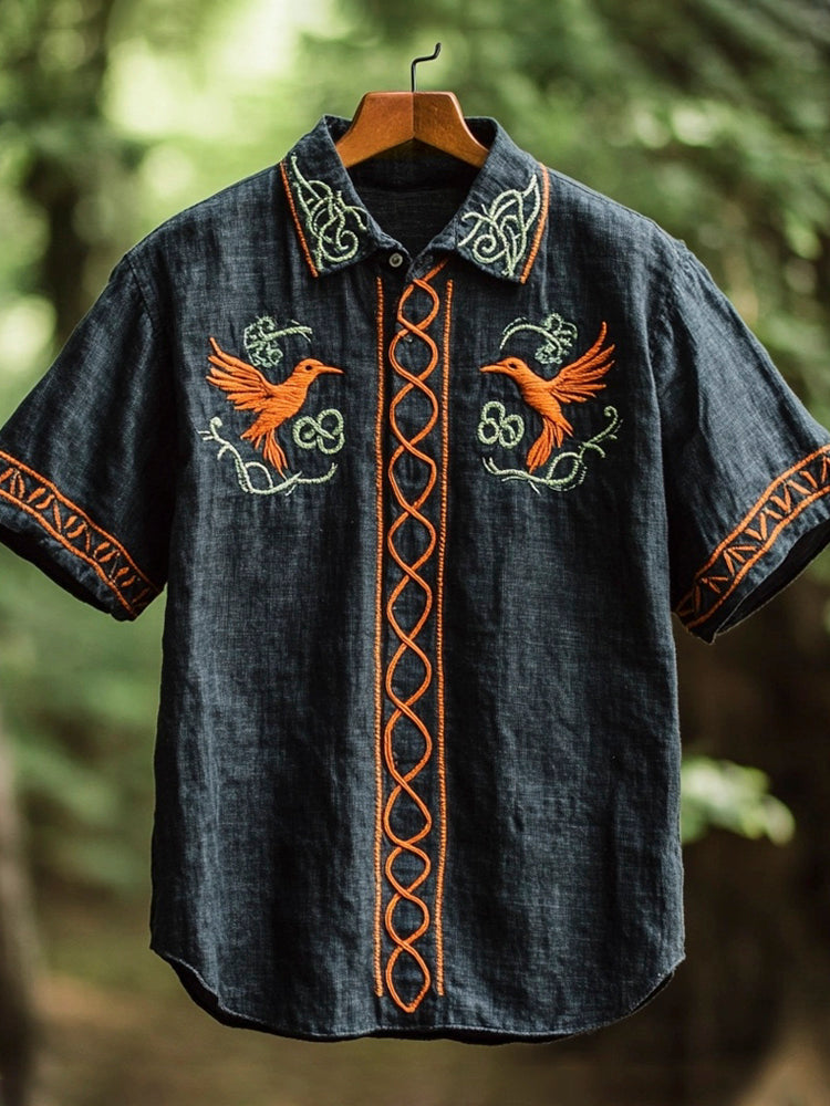 Celtic Bird Of Prey Totem Embroidered Men's Linen Short Sleeve Shirt elevenforest