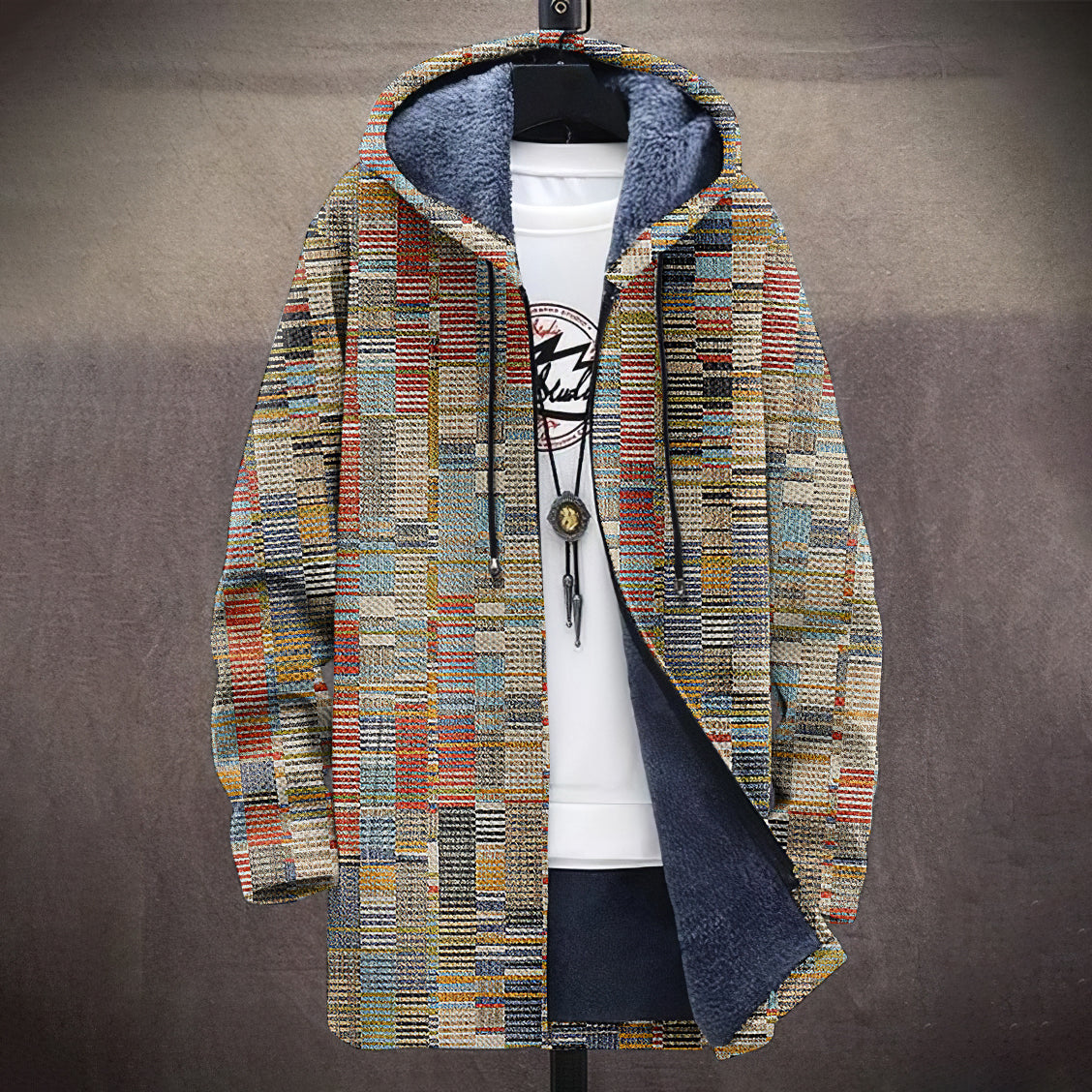 Men's Vintage Abstract Geometric Art Comfort Plush Hooded Coat artswardrobe