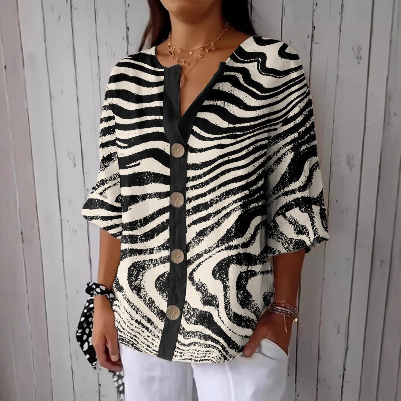 Women's Stripe Art Print Button Linen Blend Shirt elevenforest