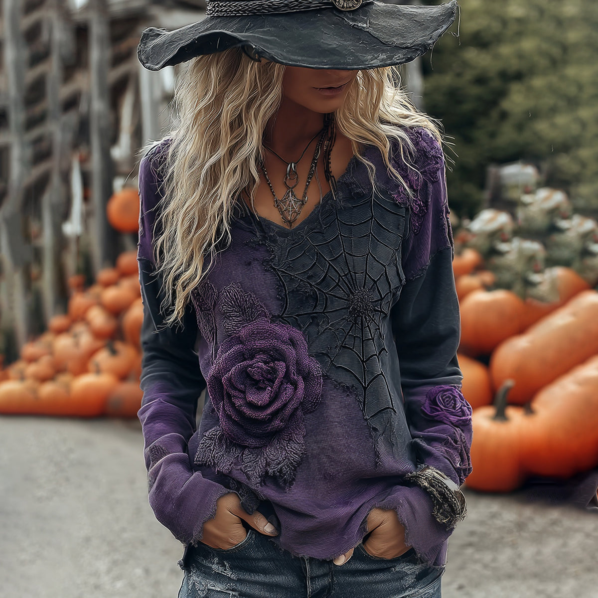 Vintage Halloween Black And Purple Rose Art Long Sleeve V Neck Tops elevenforest