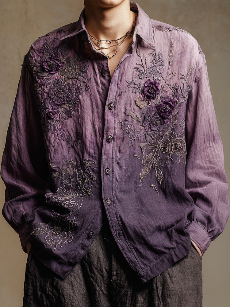 Men's Vintage Floral Embroidered Gradient Linen Blouse elevenforest
