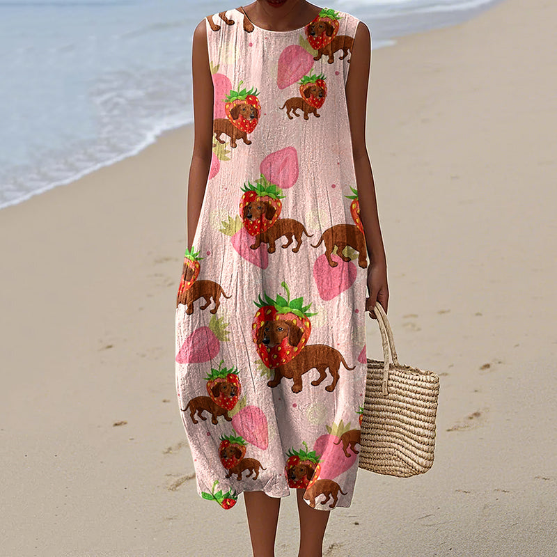 Retro Cute Dachshund Sausage Dog Art Linen Tank Midi Dress elevenforest