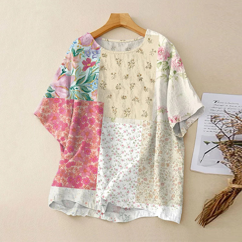 Women's Vintage Floral Art Print Casual Linen Crew Neck T-shirt elevenforest