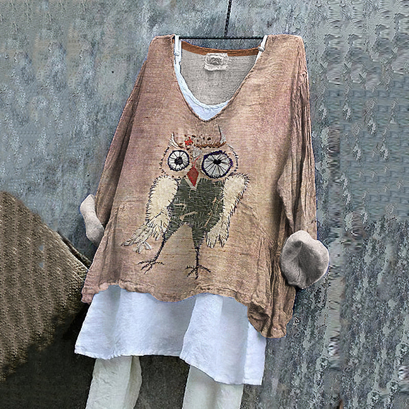 Women's Vintage Funny Owl Embroidered Cotton And Linen Shirt elevenforest