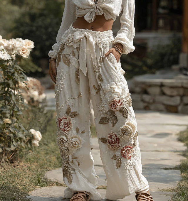 Women's Retro Floral Embroidery Art Casual Linen Pants elevenforest