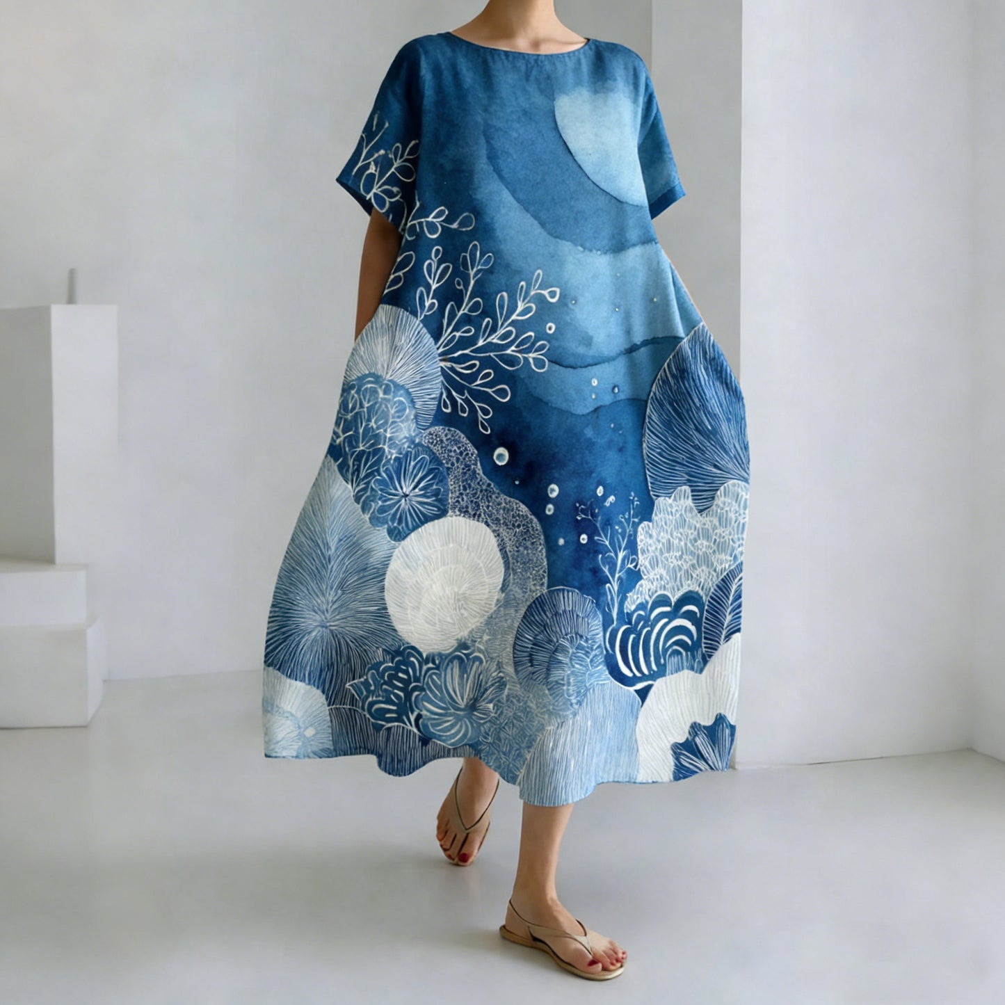 Comstylish Women's Japanese Ink Painting Style Ocean Plant Pattern Comfortable Dress