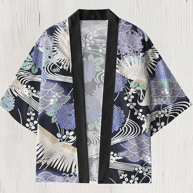 Japanese Crane And Waves Kimono Cardigan elevenforest
