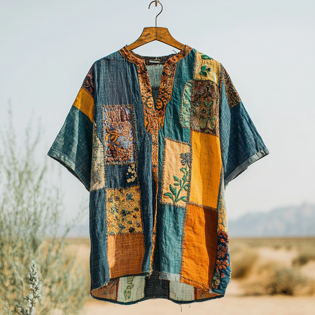 Men's Contrast Colors Patchwork Pattern Art Linen Shirt elevenforest
