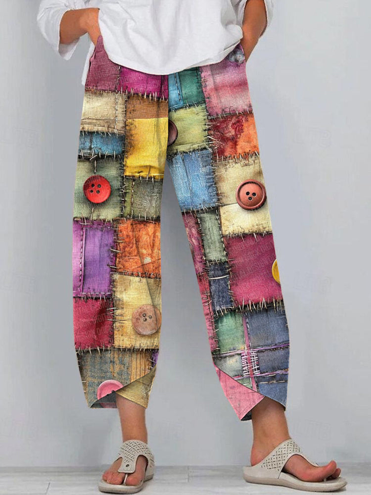 Women's Boho Multicolor Patchwork Art Linen Blend Pants elevenforest
