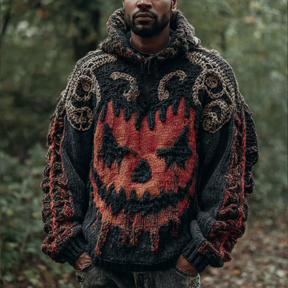 Men's Halloween Devil Smiling Face Vintage Knitted Hooded Sweater artswardrobe