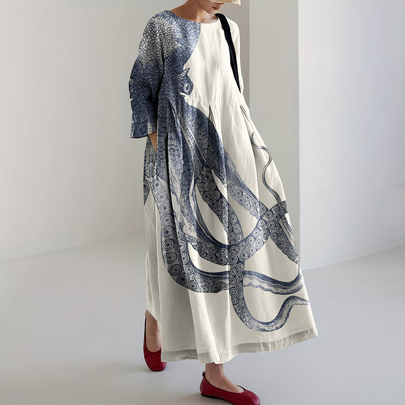 Japanese Art Octopus Print Casual Art Linen Blend Long Sleeve Maxi Dress elevenforest