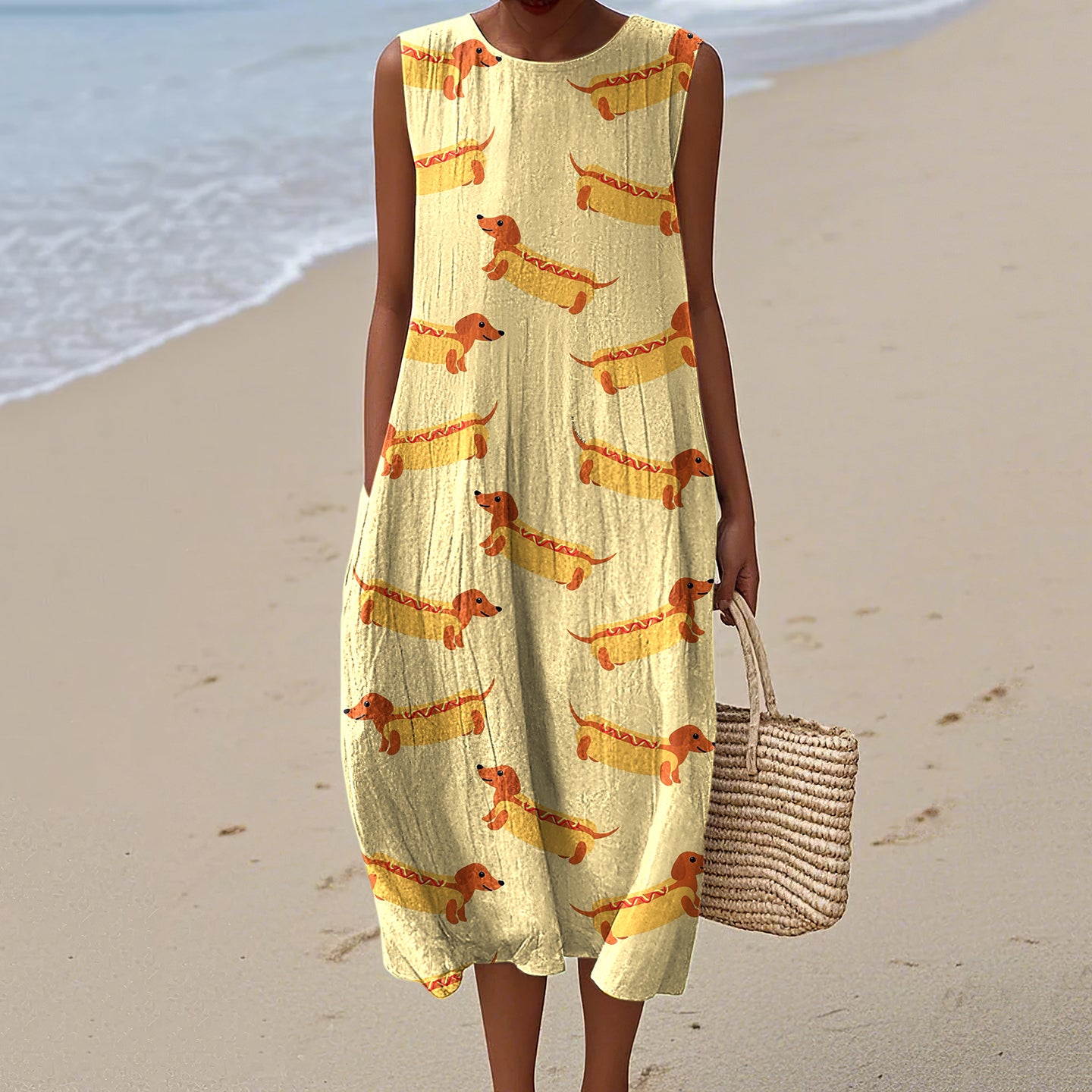 Retro Cute Dachshund Sausage Dog Art Linen Tank Midi Dress elevenforest