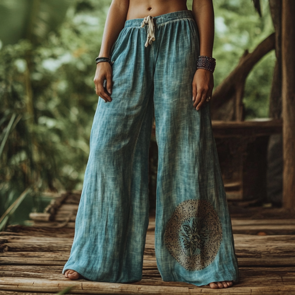 Vintage Bohemian Casual Holiday Gradient Tie Dye Style Linen Long Loose Wide-leg Pants elevenforest