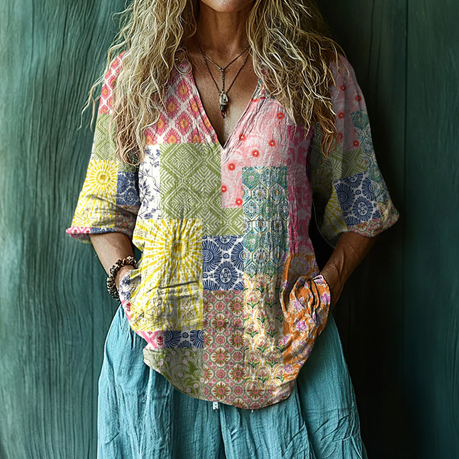Vintage Boho Floral Patchwork Art Print Short Sleeve V-neck Shirt elevenforest