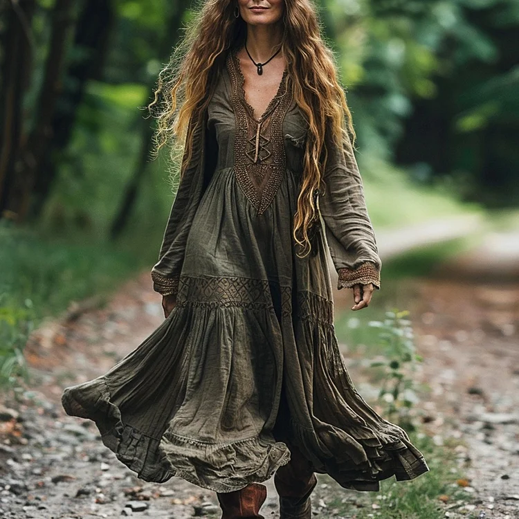 Vintage Bohemian Linen Ethnic Long-sleeve Casual Maxi Long V-neck Dress elevenforest