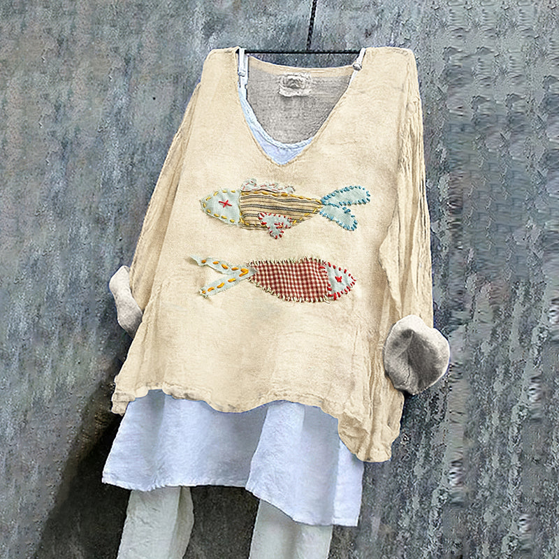 Women's Japanese Style Stitched Fish Art Pattern Vintage Linen Shirt elevenforest