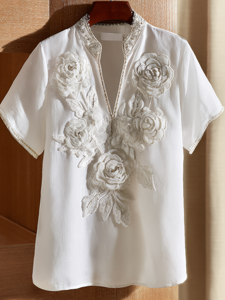 Retro White Rose With Sparkle Women's V-neck Top elevenforest