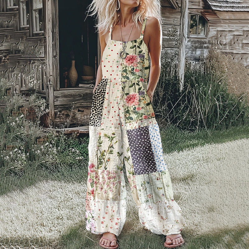 Women's Farm Floral Patchwork Linen Print Jumpsuit elevenforest