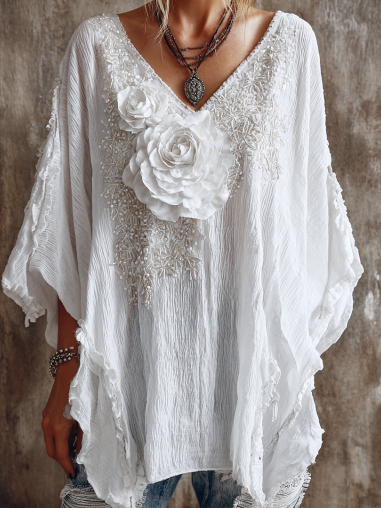 Retro White Rose With Sparkle Women's V-neck Top elevenforest