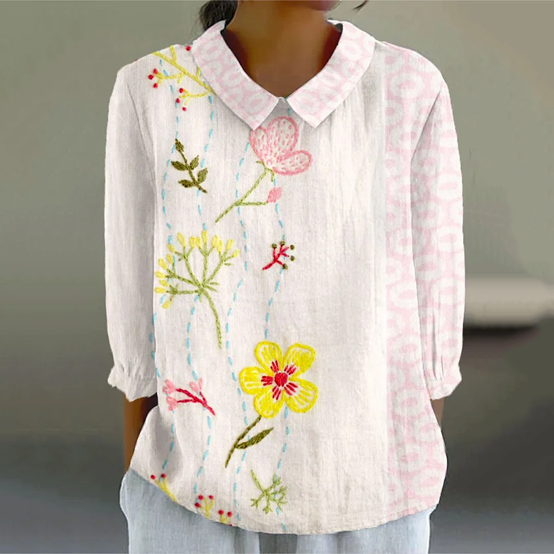 Women's Vintage Flower Art Print Casual Cotton And Linen 3/4 Sleeve Shirt elevenforest