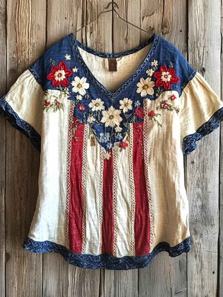 Vintage Flag Floral Embroidery Women's Linen V-neck T-shirt elevenforest