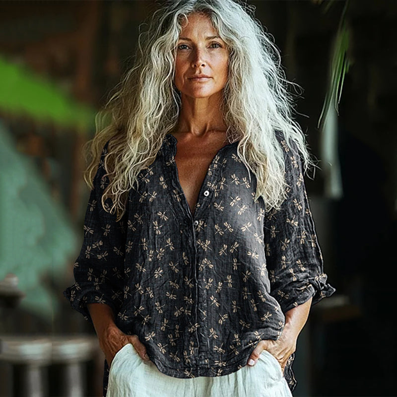 Bohemian Style Dragonfly Linen Print Long Sleeve Shirt elevenforest