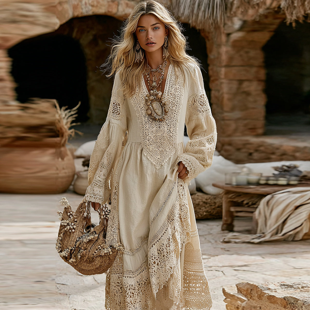 Women's Vintage Vacation Lace Floral Art V-neck Maxi Dress elevenforest