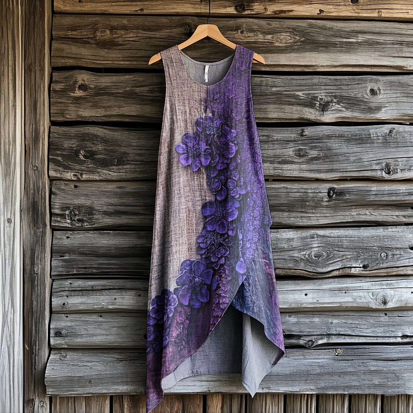Women's Bohemian Purple Flowers Art Irregular Design Sleeveless Dress elevenforest