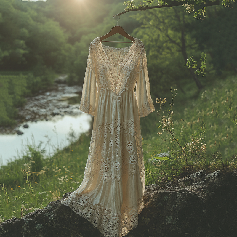 Vintage Lace Art Linen Maxi Dress elevenforest