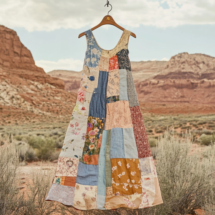 Vintage Loose Floral Applique Patchwork Art Pattern Art Linen Tank Dress elevenforest