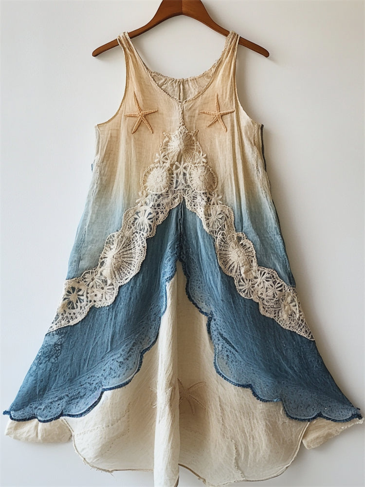 Starfish Embroidered Sea Shell Lace Waves Gradient Flowy Linen Dress elevenforest