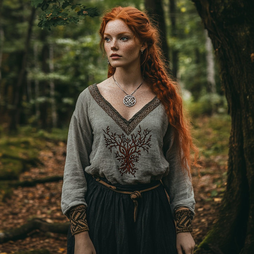 Tribal Viking Life Of Tree Embroidery Cotton And Linen V-neck Loose Shirt elevenforest